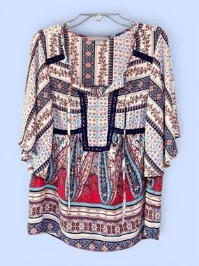 Valerie Stevens Boho Paisley Floral Blouse Pullover Size XL‎ 3/4 Batwing Sleeve